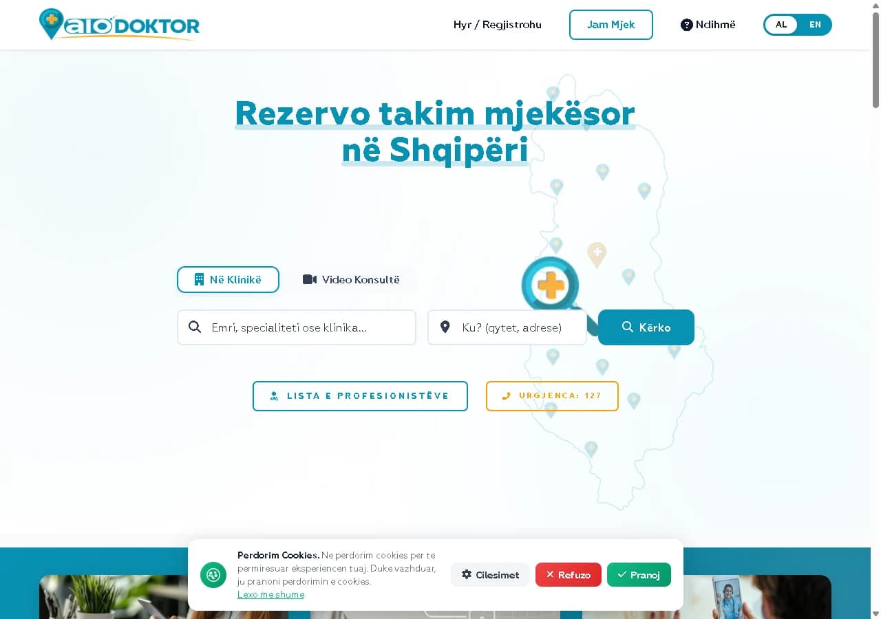 Faqja publike e AloDoktor me kërkimin e mjekëve sipas specialitetit dhe vendndodhjes.