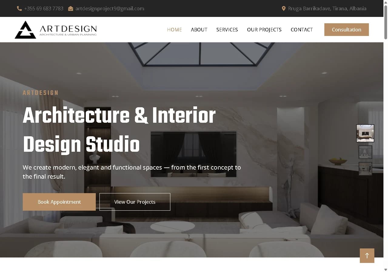 Faqja e ArtDesign me prezantimin e studios së arkitekturës dhe projekteve të interierit.
