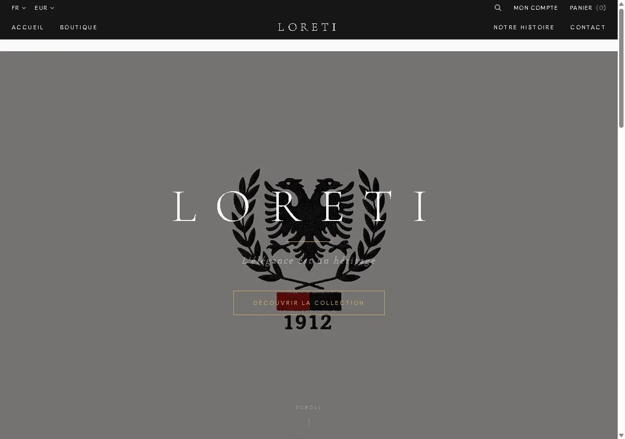 Faqja publike e Loreti me koleksionin e veshjeve dhe katalogun në internet.